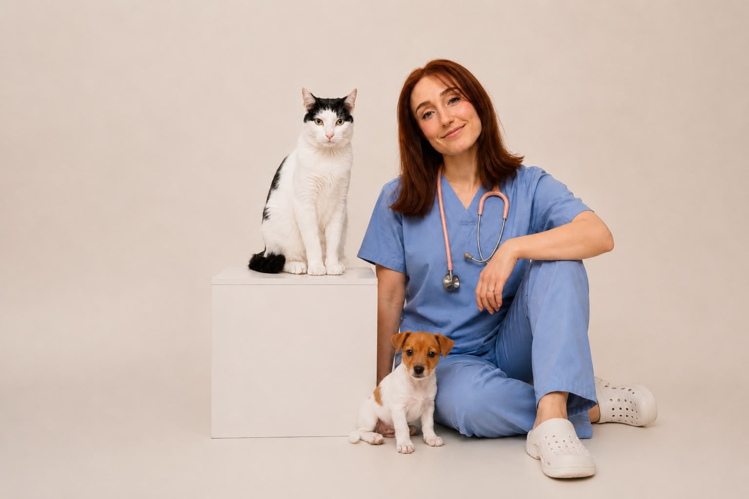 La Dra. Carmen Vílchez junto a su gato y Mila.